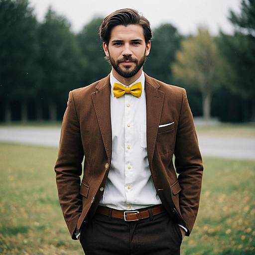 Man in Brown Suit with Yellow Bowtie Outdoors