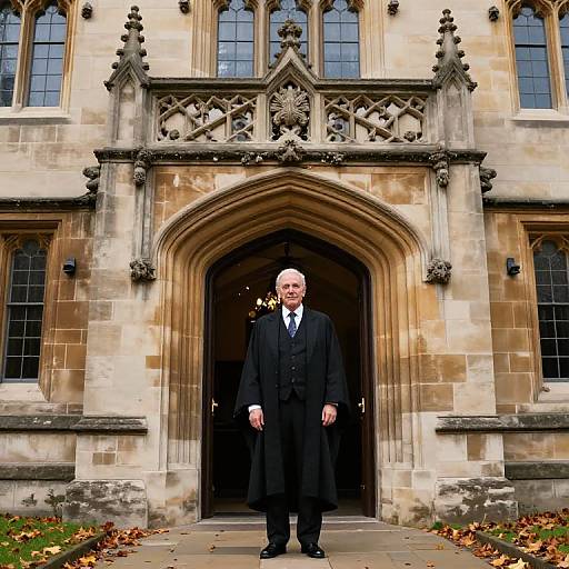 Photograph of a bald, middle-aged man in a black overcoat standing at the ornate, Gothic-style stone doorway of a historic building with large