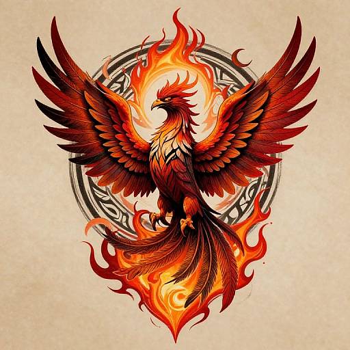 Digital tattoo-style artwork of a fiery, red and orange phoenix with outstretched wings, surrounded by a circular Celtic knot design.