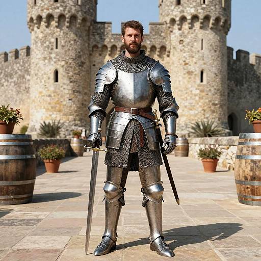 Photorealistic CGI of a bearded, muscular man in shining medieval armor with a sword, standing in front of a stone castle with potted plants