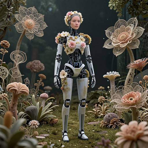 Photorealistic CGI of a robotic woman with flower-adorned body and head, standing in a whimsical, oversized flower-filled forest.