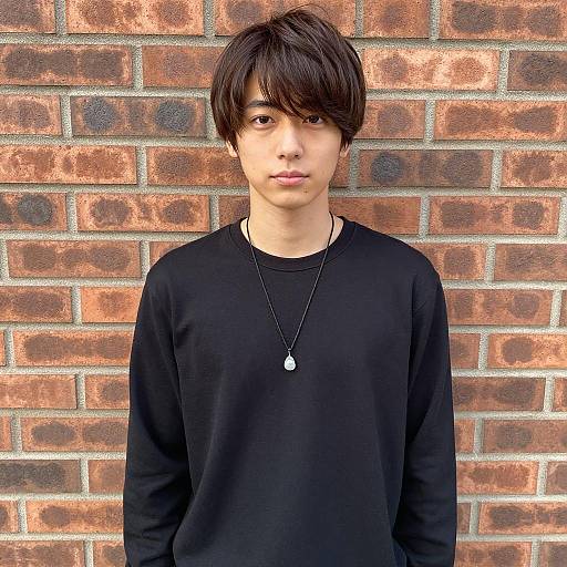Young Japanese Man in Black Shirt by Brick Wall