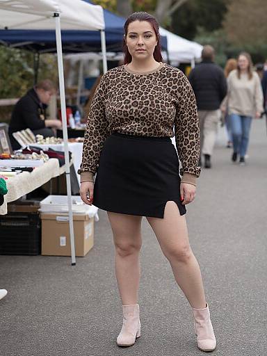 Photograph of a plus-sized woman with fair skin, brown hair, wearing a leopard print top, black skirt with side slit, and white ankle boots