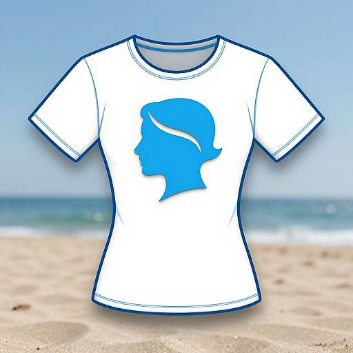 Photograph of a white T-shirt with a blue silhouette of a woman's profile on the chest, displayed on a sandy beach with ocean and clear sky