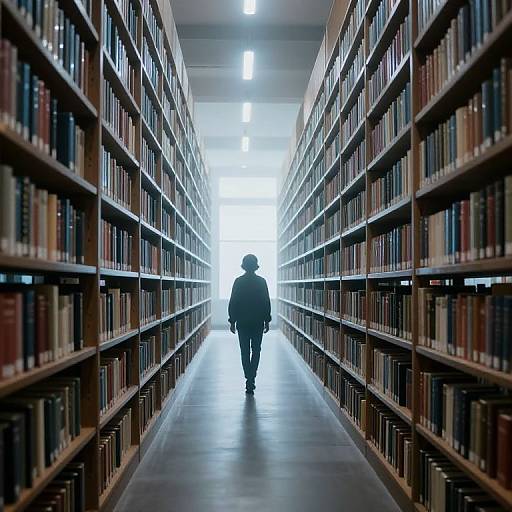 Photograph of a solitary figure in a black coat walking down a long, brightly lit library aisle, flanked by tall, filled bookshelves.