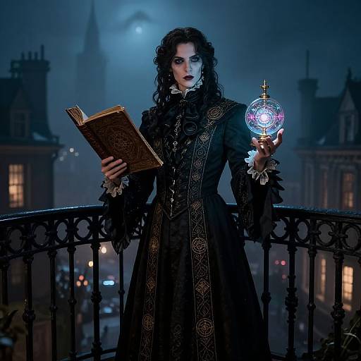 Gothic woman with dark curly hair, black ornate dress, holding book and glowing orb, stands on balcony at night. Mysterious cityscape
