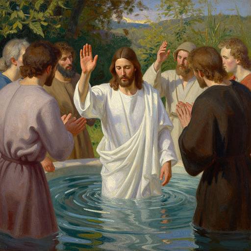 Oil painting of Jesus, with long brown hair and beard, standing in a circular pool, raising his right hand, surrounded by disciples in robes, in