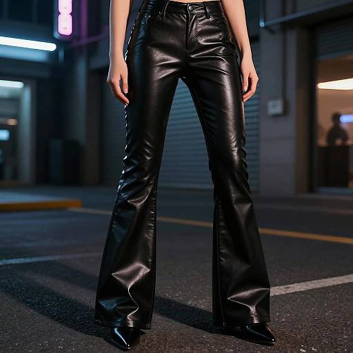 Photograph of a person's lower body in black, shiny leather flared pants standing on a dark, urban street at night. Neon lights and blurred