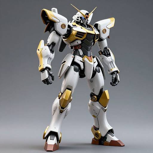 CGI image of a towering, white and gold Gundam-style mecha robot with black accents, standing against a gradient gray background.