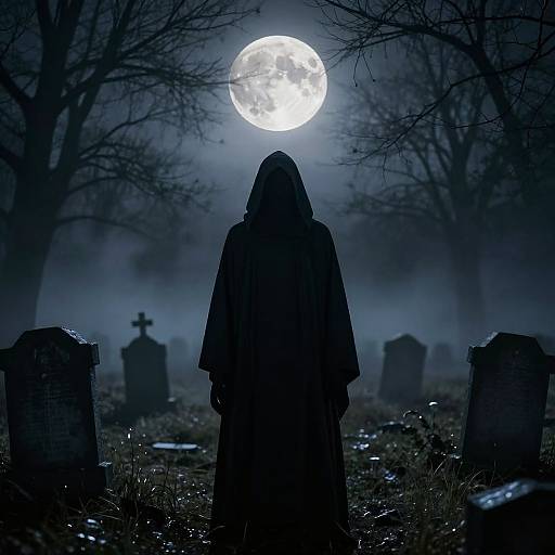 Ominous Hooded Figure in Graveyard