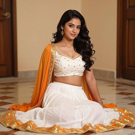 Photograph of a beautiful South Asian woman with long black hair, wearing a white crop top and skirt, orange shawl, gold embellishments, and