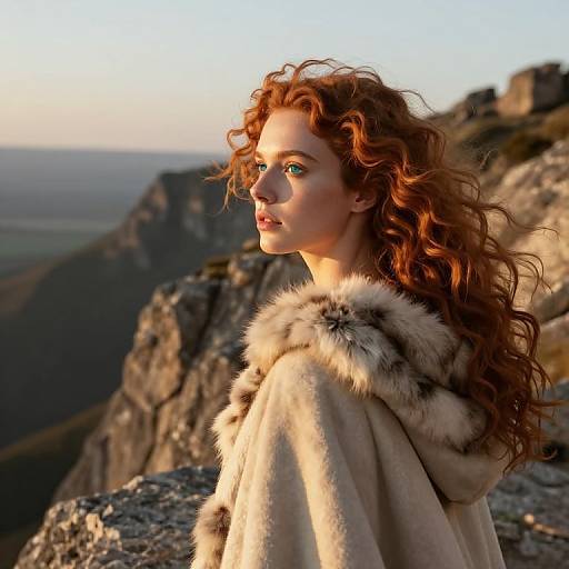 Photograph of a red-haired woman with curly hair, wearing a fur-trimmed beige coat, standing on a rocky mountain ledge at sunset.