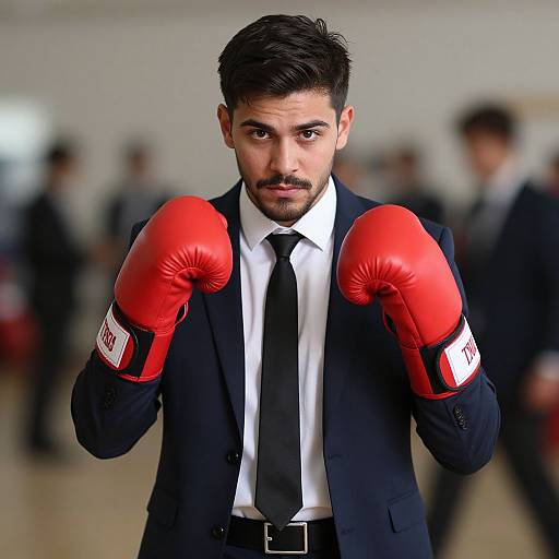 Photograph of a serious, mustached man in a black suit, white shirt, and black tie, wearing red boxing gloves, standing in a blurred