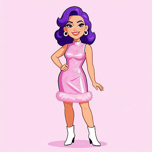 Cartoon-style illustration of a confident woman with purple hair, wearing a pink, glittery dress with fur trim, white ankle boots, and large hoop