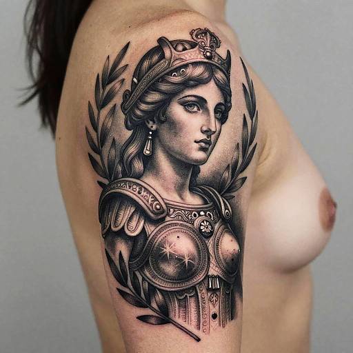 Black and gray tattoo of classical Roman woman in armor with laurel wreath on bare shoulder of topless person. Photographic style.