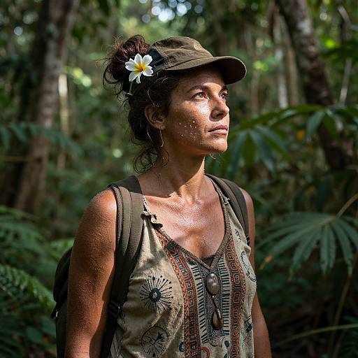 Photograph of a sunlit, muscular, tan-skinned woman with curly dark hair, wearing a green hat with a white flower, patterned tank