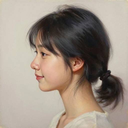 Photograph of an Asian woman with fair skin, black hair in a simple side ponytail, wearing a white top, profile view, smiling subtly against