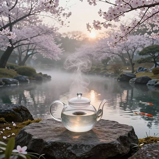 Photograph of a clear glass teapot with steam rising, set on a rock by a tranquil cherry blossom pond, with sunlight filtering through blossoms.