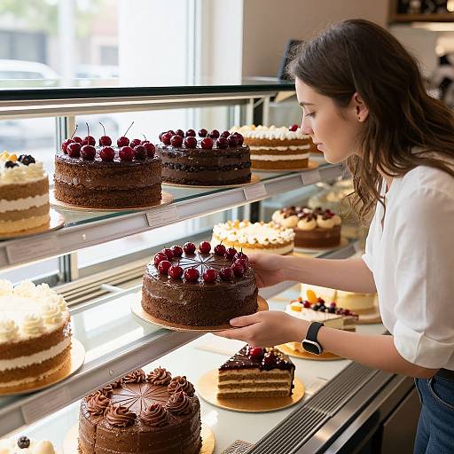 Photograph of a young woman with long brown hair, wearing a white shirt, carefully placing a chocolate cake with cherry toppings on a display shelf in a