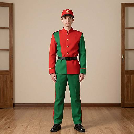 Photograph of a young man standing in a plain room, wearing a red and green military-style uniform with a black belt, black shoes, and red