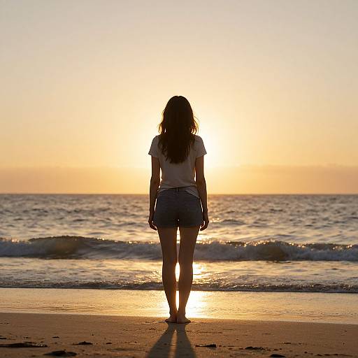 Photograph of a silhouetted woman with wavy hair, wearing a white top and denim shorts, standing on a beach at sunset, facing