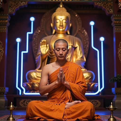 Meditating Monk with Neon Circuit Aura