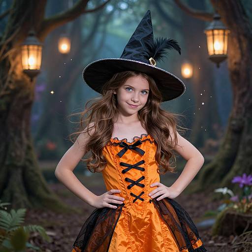 Photograph of a young girl with long brown hair, wearing an orange witch costume with black lace, and a black hat with a feather, standing confidently