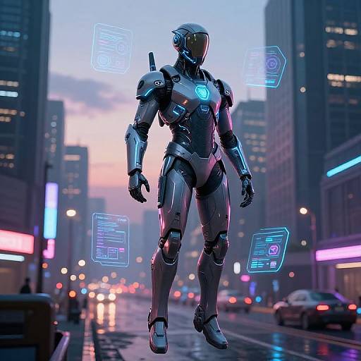Futuristic Neon Exosuit in Cyberpunk City