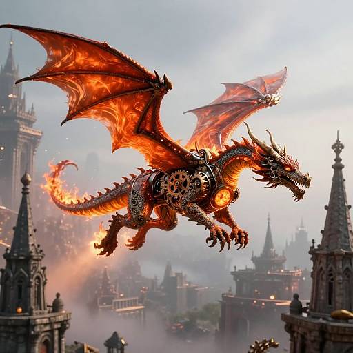 Digital artwork of a fiery red dragon with glowing wings and gears flying over a misty, medieval cityscape with towering spires.