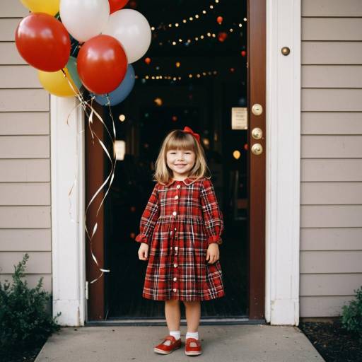 Toddler Girl in Red Plaid Dress with Balloons