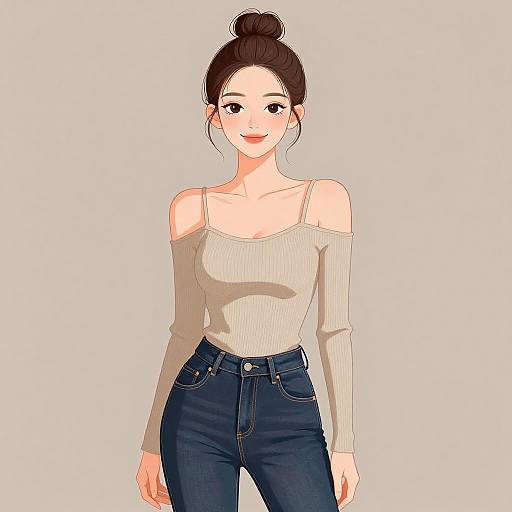 Digital anime-style drawing of a smiling young woman with fair skin, dark hair in a bun, wearing an off-shoulder white top and high-w