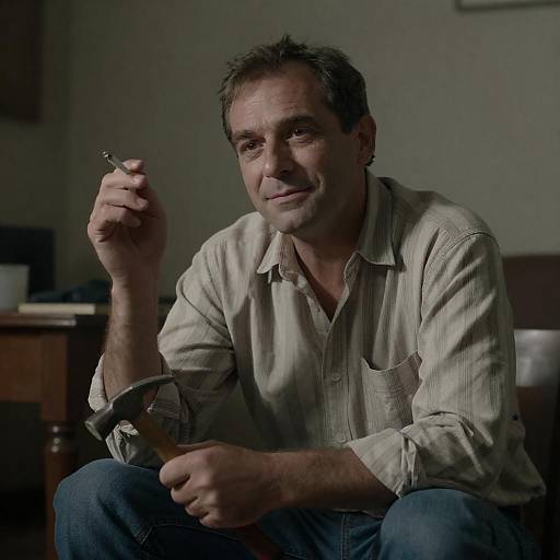 Dimly Lit Portrait with Cigarette and Hammer