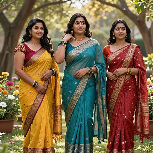 Photograph of three Indian women in colorful saris (yellow, blue, red) standing in a sunlit garden, wearing gold jewelry and bangles
