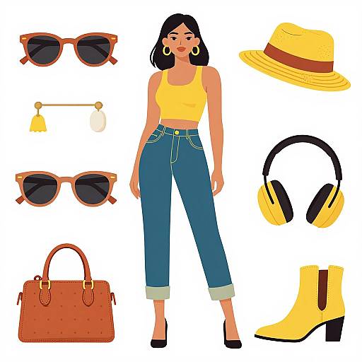 Digital illustration of a woman in a yellow crop top, blue high-waisted jeans, black heels, surrounded by sunglasses, hat, headphones, hand