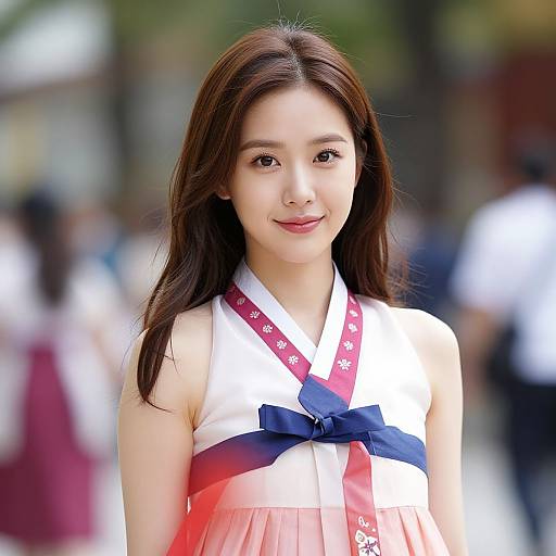 Photograph of a young Asian woman with long brown hair, wearing a traditional white and red hanbok with a navy blue bow, smiling softly in