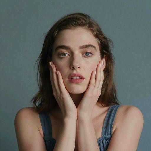 Photograph of a young woman with fair skin, blue eyes, and brown hair, wearing a blue sleeveless top, hands gently touching her face against
