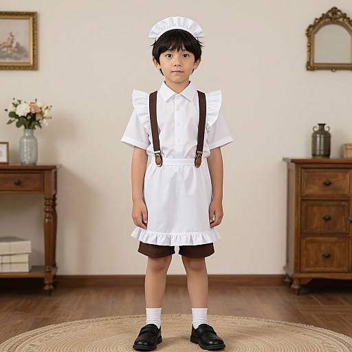 Photograph of a young Asian boy in a white French maid outfit, black shoes, and brown suspenders, standing in a vintage wooden-furnished room