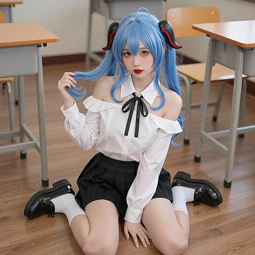 Anime Girl with Blue Hair Kneeling