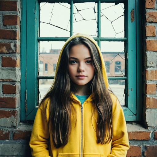 Young Girl in Yellow Hoodie by Broken Window