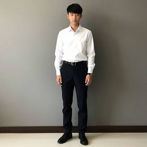Photograph of an Asian man with short black hair, wearing a white shirt, black pants, and black shoes, standing against a plain gray wall.