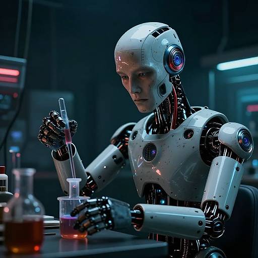 Photorealistic CGI of a white humanoid robot with blue glowing eyes, mixing a liquid in a lab setting with neon lighting.