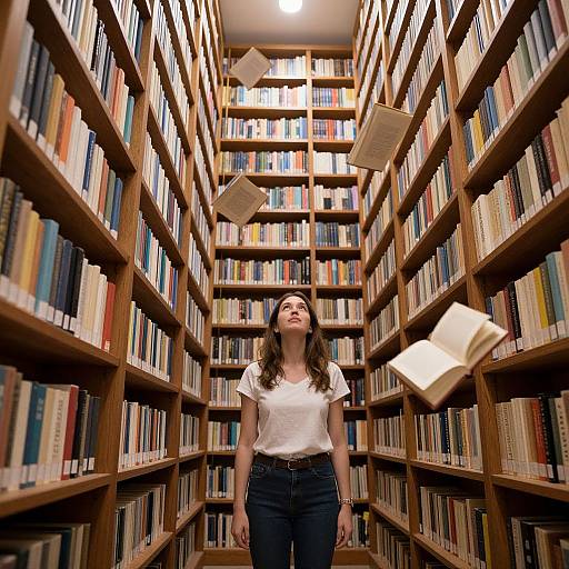 Photograph of a young woman with long brown hair, wearing a white t-shirt and blue jeans, standing in a narrow library aisle with wooden booksh