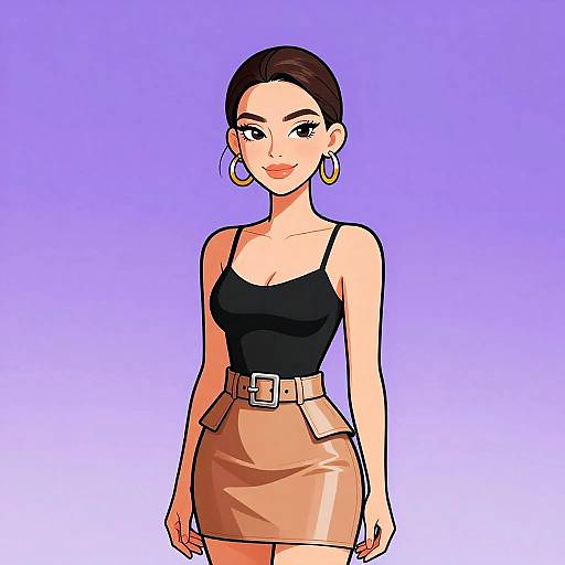 Digital illustration of a smiling woman with dark brown hair in a bun, wearing a black tank top, tan skirt with belt, and large gold hoop earrings