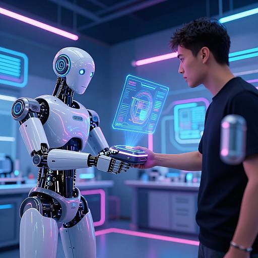 Photograph of a young man in a black shirt interacting with a futuristic, white and black humanoid robot displaying a holographic screen in a neon-lit