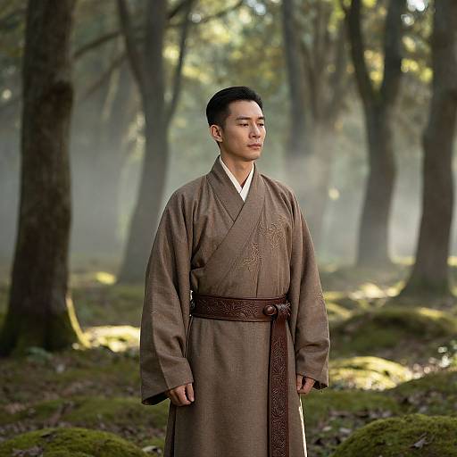 Photograph of a young East Asian man in a brown kimono with floral embroidery, standing in a misty forest, sunlight filtering through trees.