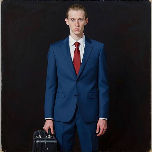 Photograph of a young, blond, Caucasian man in a dark blue suit, white shirt, red tie, holding a black briefcase, against a