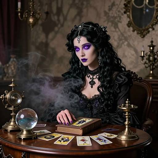 Gothic woman with purple eyes, black curly hair, lace dress, and dark makeup, shuffling tarot cards in a smoky, vintage