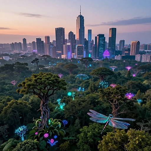 Photograph of a futuristic city skyline at sunset, with neon-lit buildings, glowing flora, and a large dragonfly sculpture in a lush, green