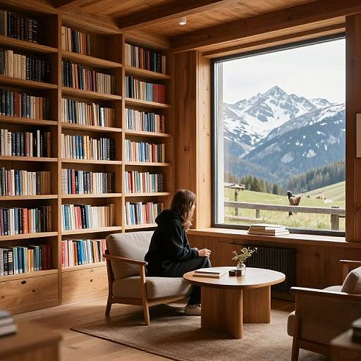 Photograph of a woman with long brown hair, wearing a black sweater, sitting in a wooden library with large window view of snowy mountains, surrounded by