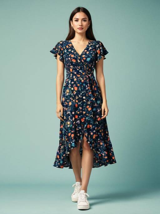 Vibrant Floral Midi Dress with Sneakers